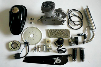 This kit comes with everything that you'll need to convert your bicycle into a motorized bike, NO need to buy anything else. You'll still be able to pedal the bike and ride like normal or start the engine by releasing the clutch lever. There's no rope pulling needed. You can stop or start the engine as you ride. Twist grip hand throttle controls speeds from 25 to 30/mph depending on the gear ratio. (MPG 100-150) This installation kit comes with a 48 tooth 9 hole chrome racing sprocket with easy to install 9 bolt universal mounting hardware that clamps over the rear wheel hub and spokes. This creates a totally independent drive sprocket and chain that does not interfere with your current drive chain or peddling. With the built in clutch you maintain full function of the original bike. Pedal, shift, and ride your bike like normal. The engine kit only adds about 19lbs to your bike. When you want to engage the engine simply release the clutch hand lever and the engine springs to life. To power off simply press the included kill switch.